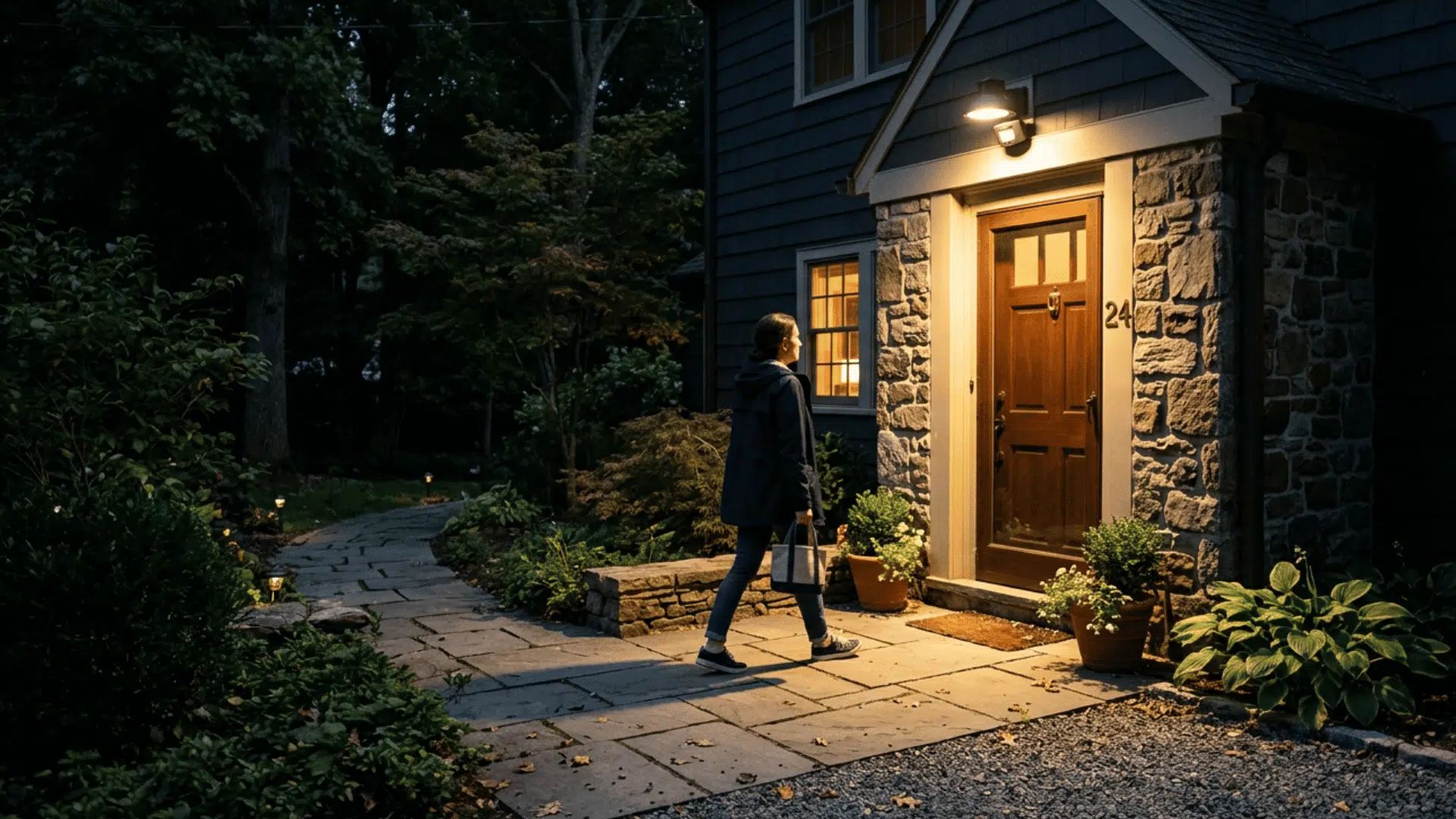 motion sensor lights illuminating a side entrance and path when a person approaches nearby