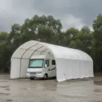 Motorhome parked under white canopy shelter on rainy day with trees in background