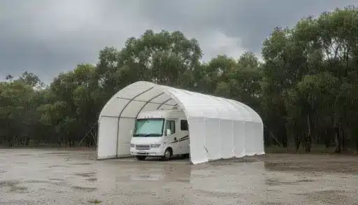 Motorhome parked under white canopy shelter on rainy day with trees in background