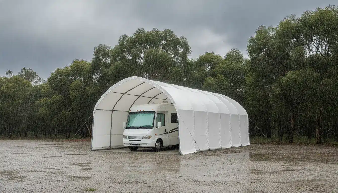 Motorhome parked under white canopy shelter on rainy day with trees in background