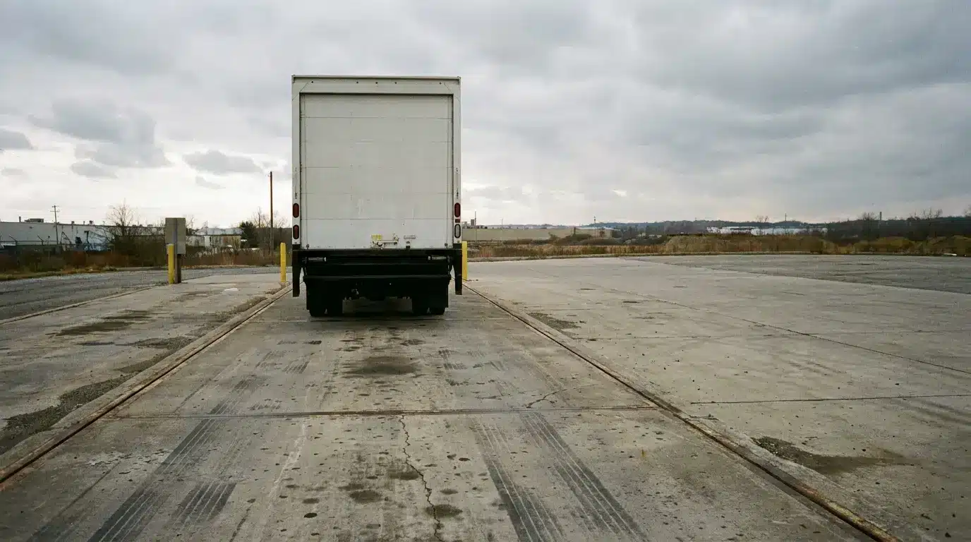 Rear view of a white truck on empty industrial concrete lot under overcast sky
