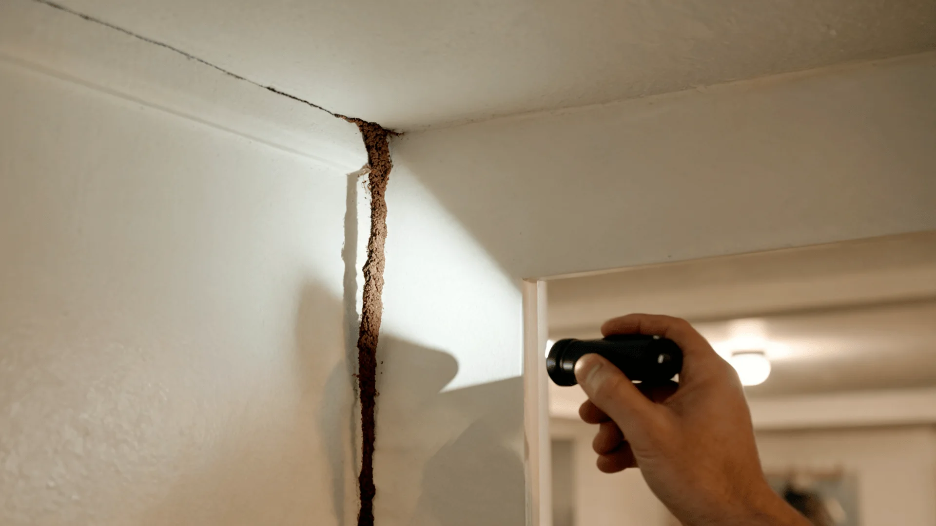 termite mud tube along a ceiling corner during a home inspection
