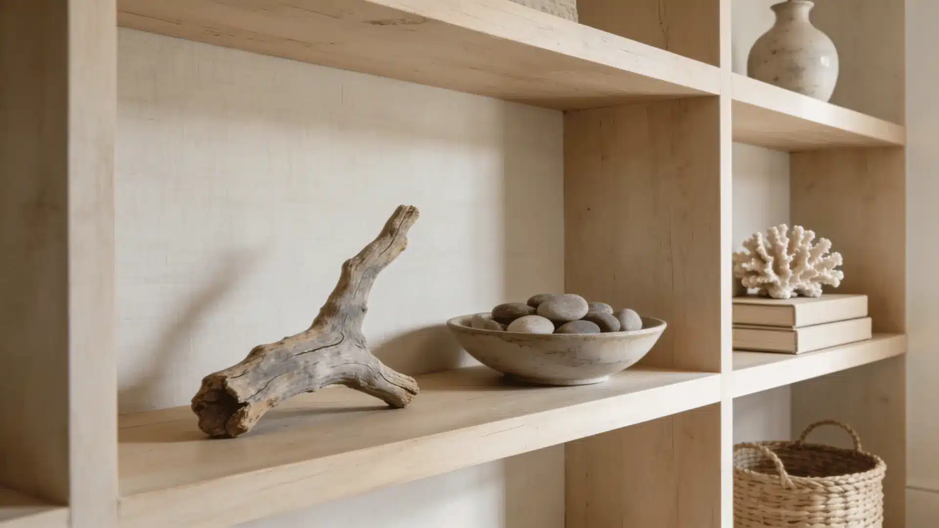 stones coral and driftwood styled on calm coastal shelves