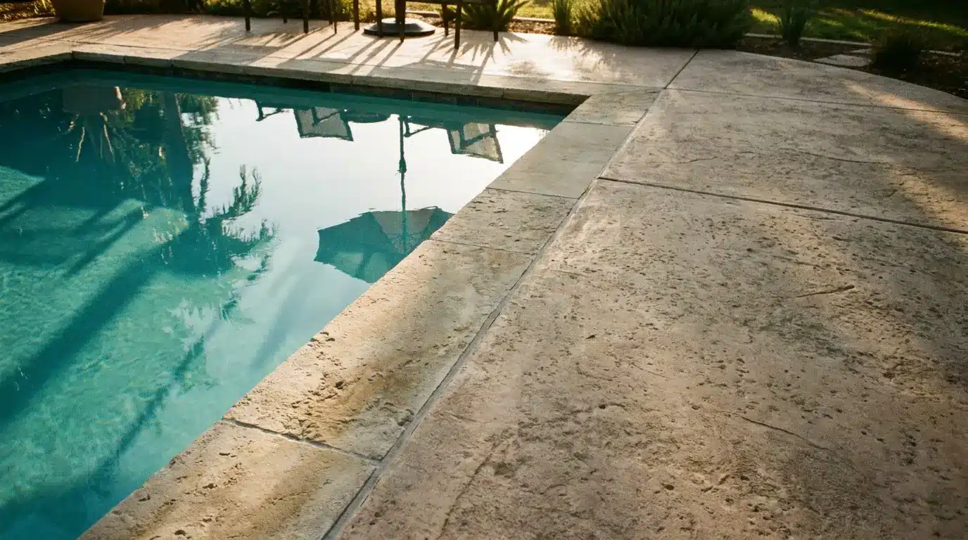 Clear swimming pool with reflection of umbrella beside textured stone patio