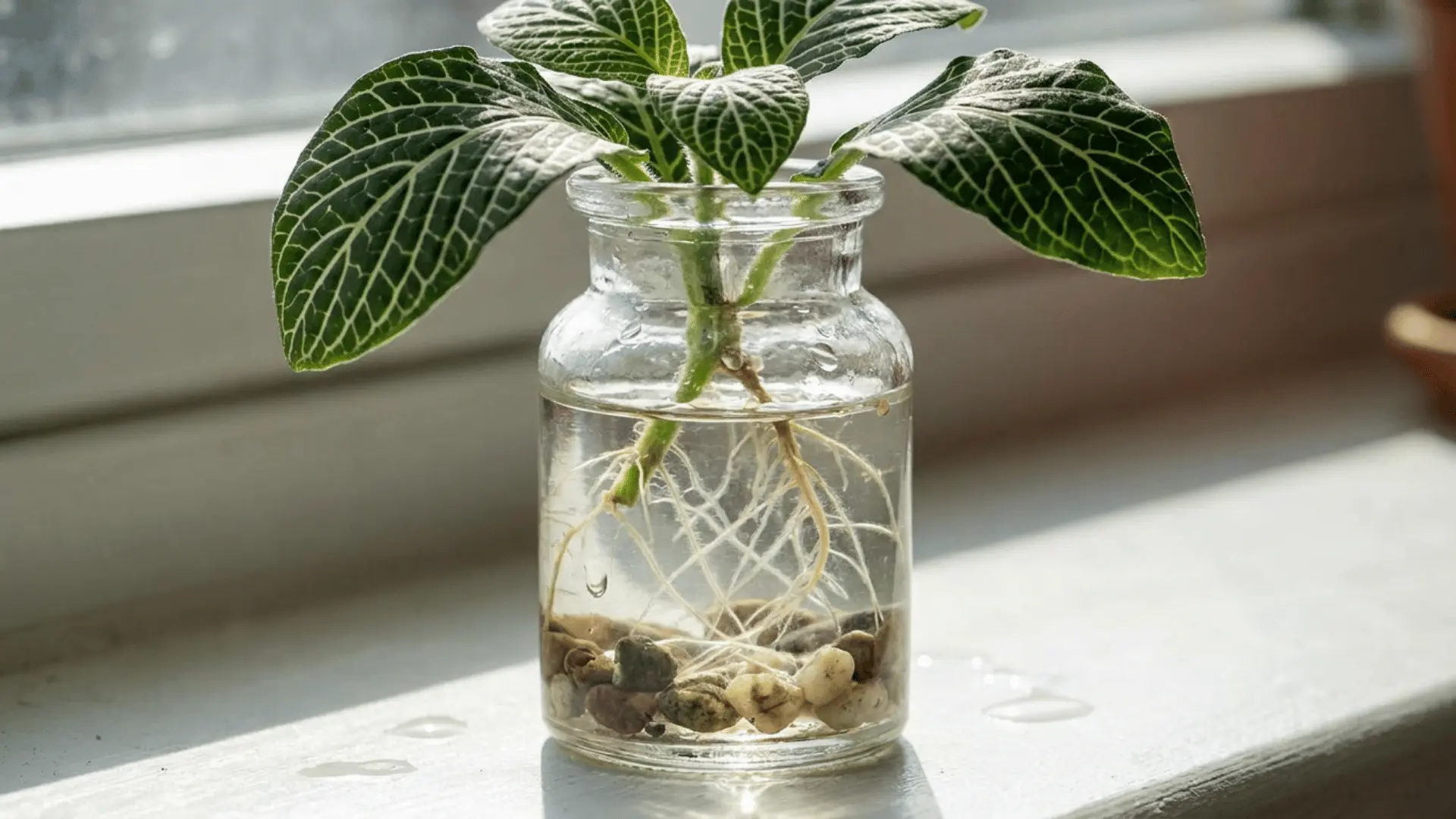 nerve plant cuttings with dark green leaves and white veins growing roots in a glass jar with small pebbles