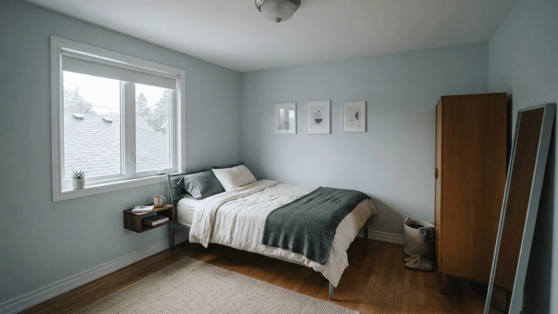 north facing bedroom with ice cube paint looking cool and blue toned