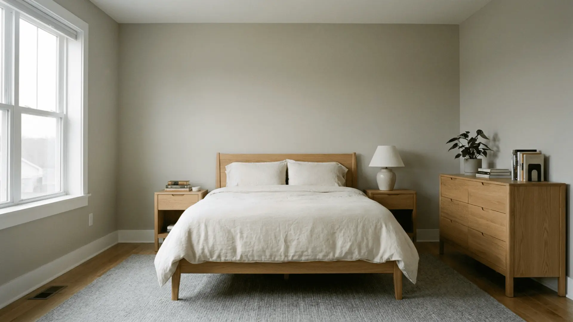 minimal gray bedroom with a wooden bed white bedding matching nightstands dresser lamp books and a potted plant