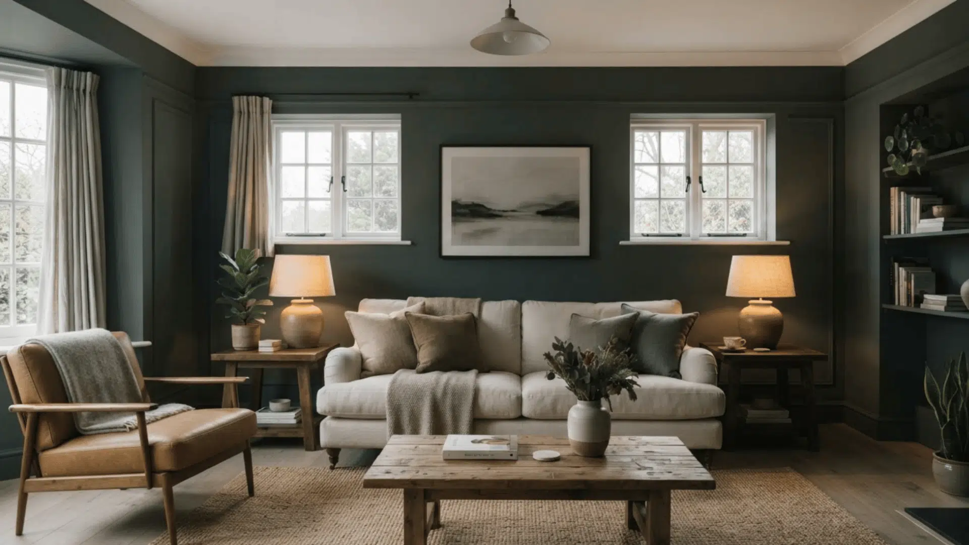 north facing room with deep green gray walls pale furniture and warm lamp in soft daylight
