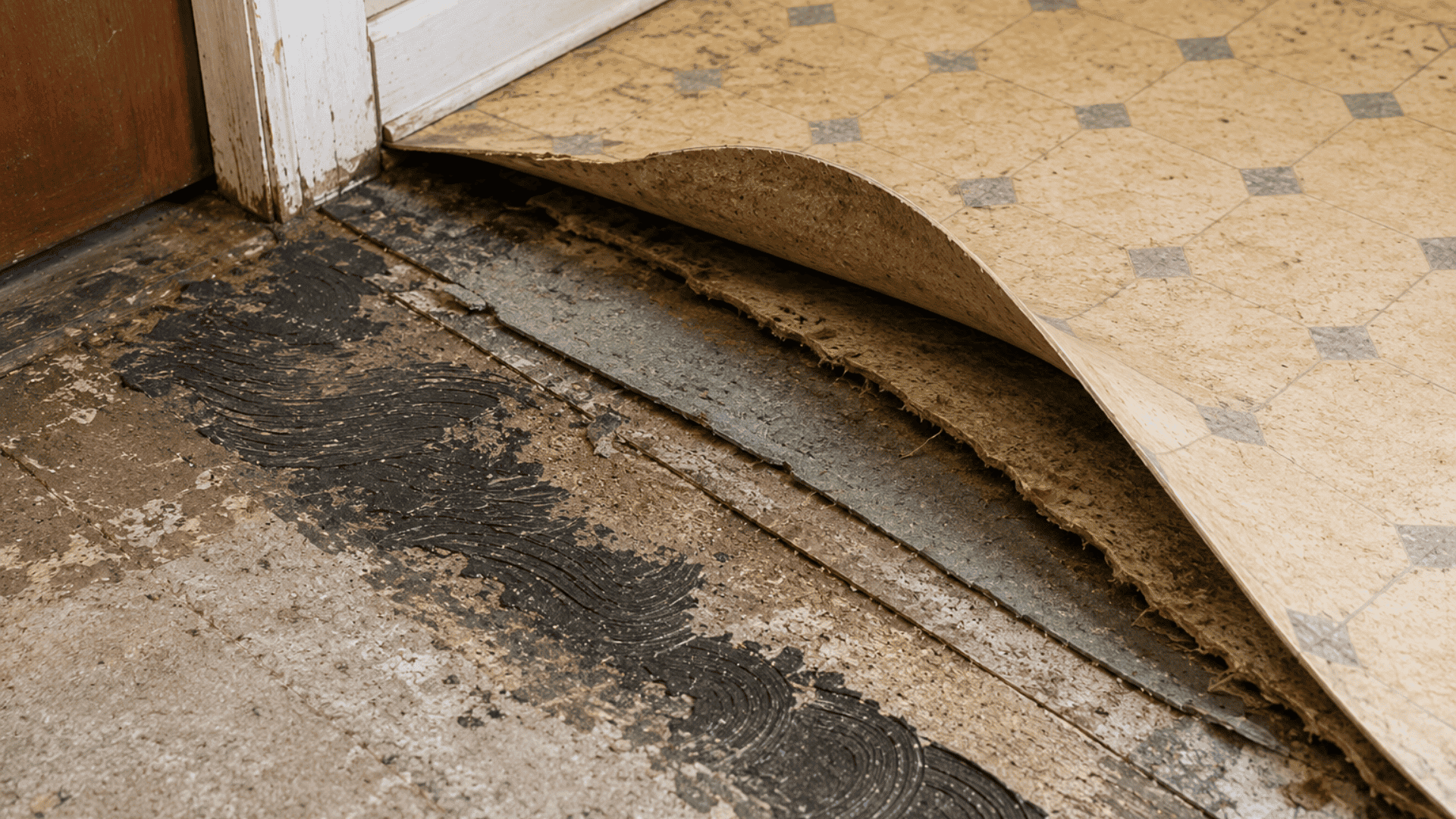 old linoleum flooring layers showing backing under layment adhesive black mastic and subfloor in cross section