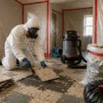 older flooring materials showing lifted tiles and adhesive layers during asbestos investigation