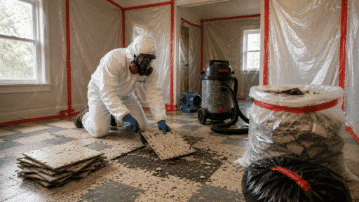 older flooring materials showing lifted tiles and adhesive layers during asbestos investigation