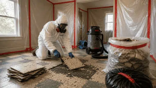 older flooring materials showing lifted tiles and adhesive layers during asbestos investigation