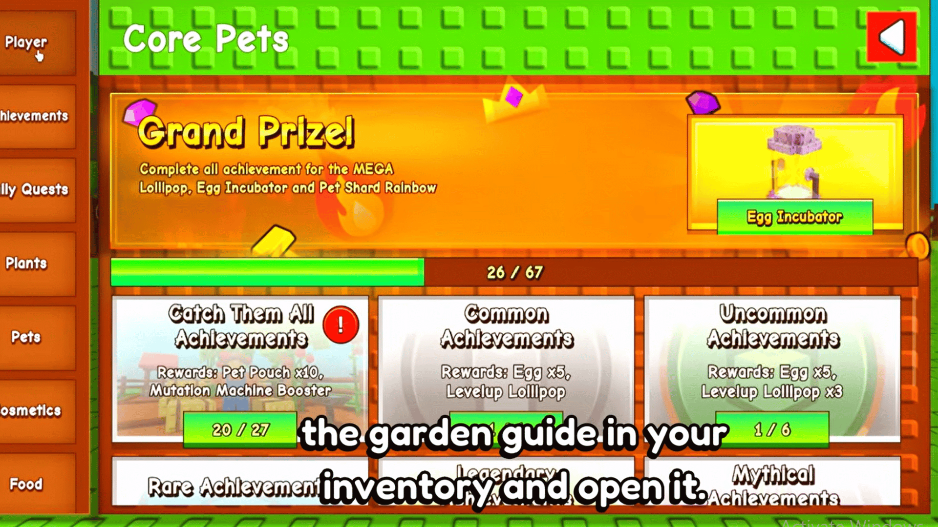 grow a garden achievements menu displays common tasks and rewards inside the garden guide