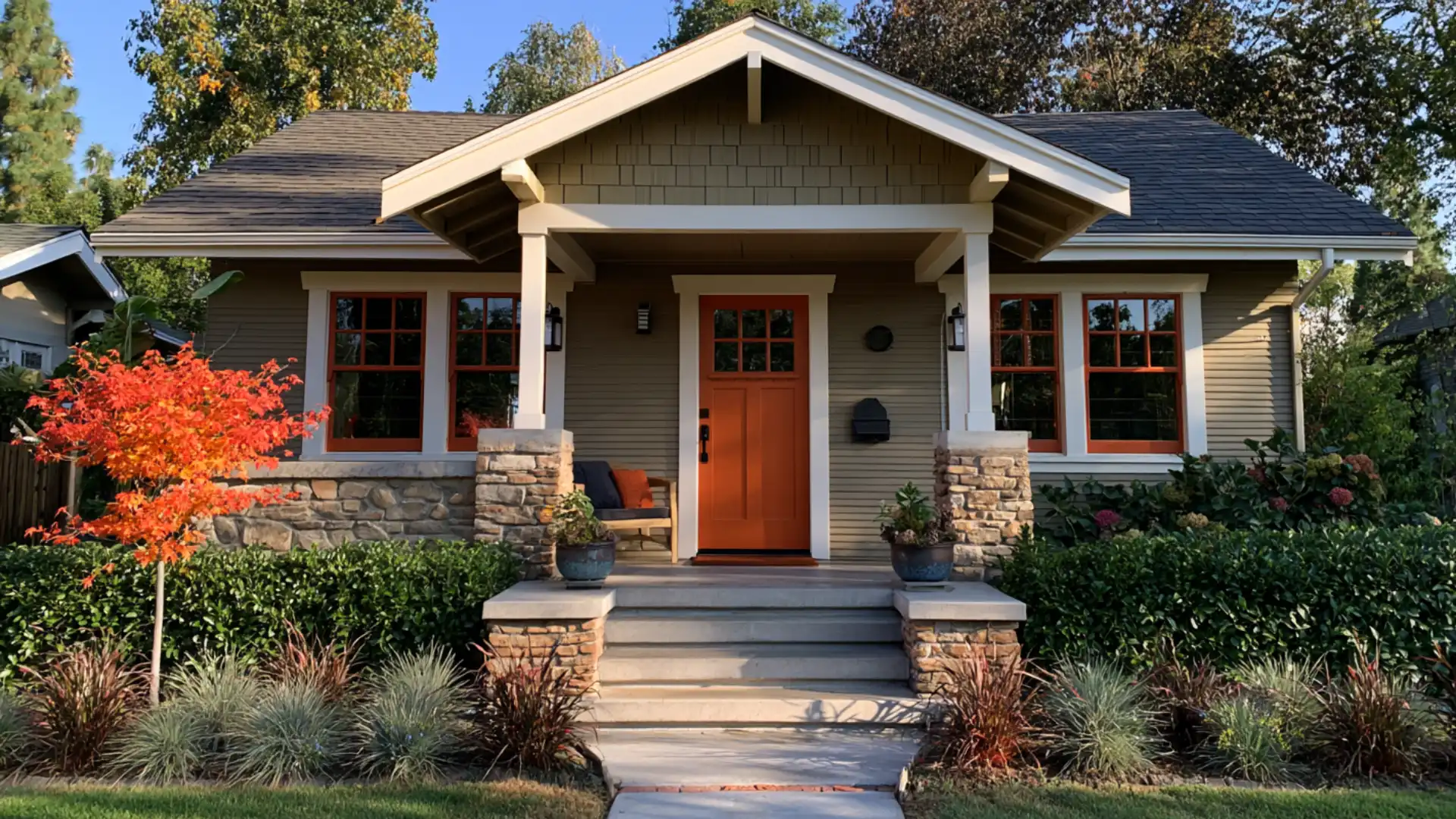 burnt orange front door on craftsman style house in warm natural afternoon light