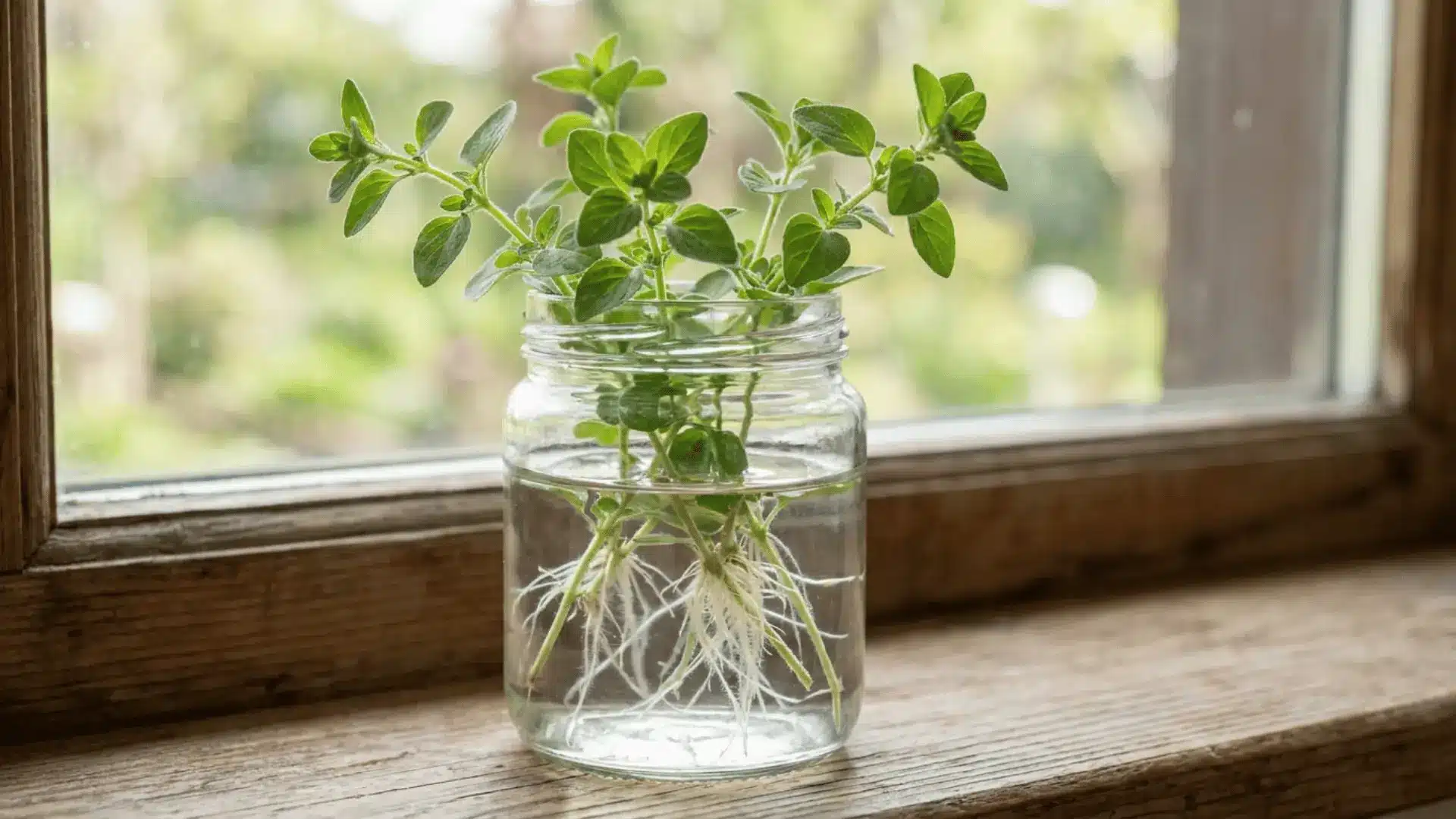 oregano cuttings with small green leaves and dense white roots growing in a clear glass jar on a rustic wooden windowsill