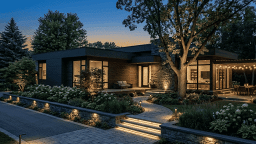 modern home and landscaped yard using layered outdoor lights across paths patio and trees