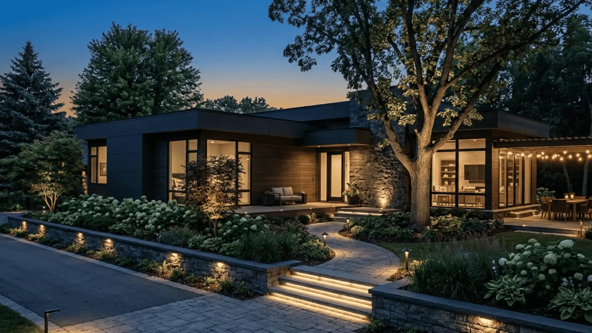 modern home and landscaped yard using layered outdoor lights across paths patio and trees