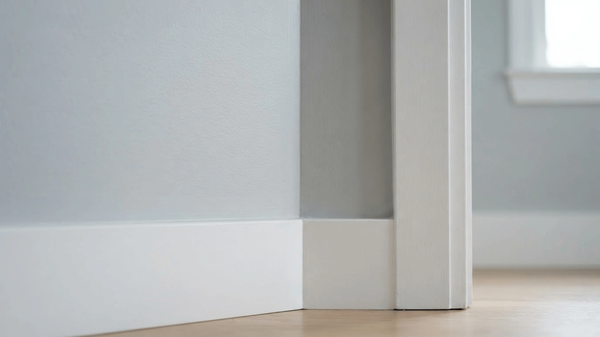 pale gray wall paint paired with crisp white trim and baseboard
