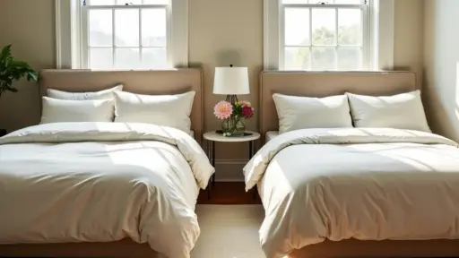 Twin beds with beige bedding in a sunlit bedroom, nightstand with flowers in between