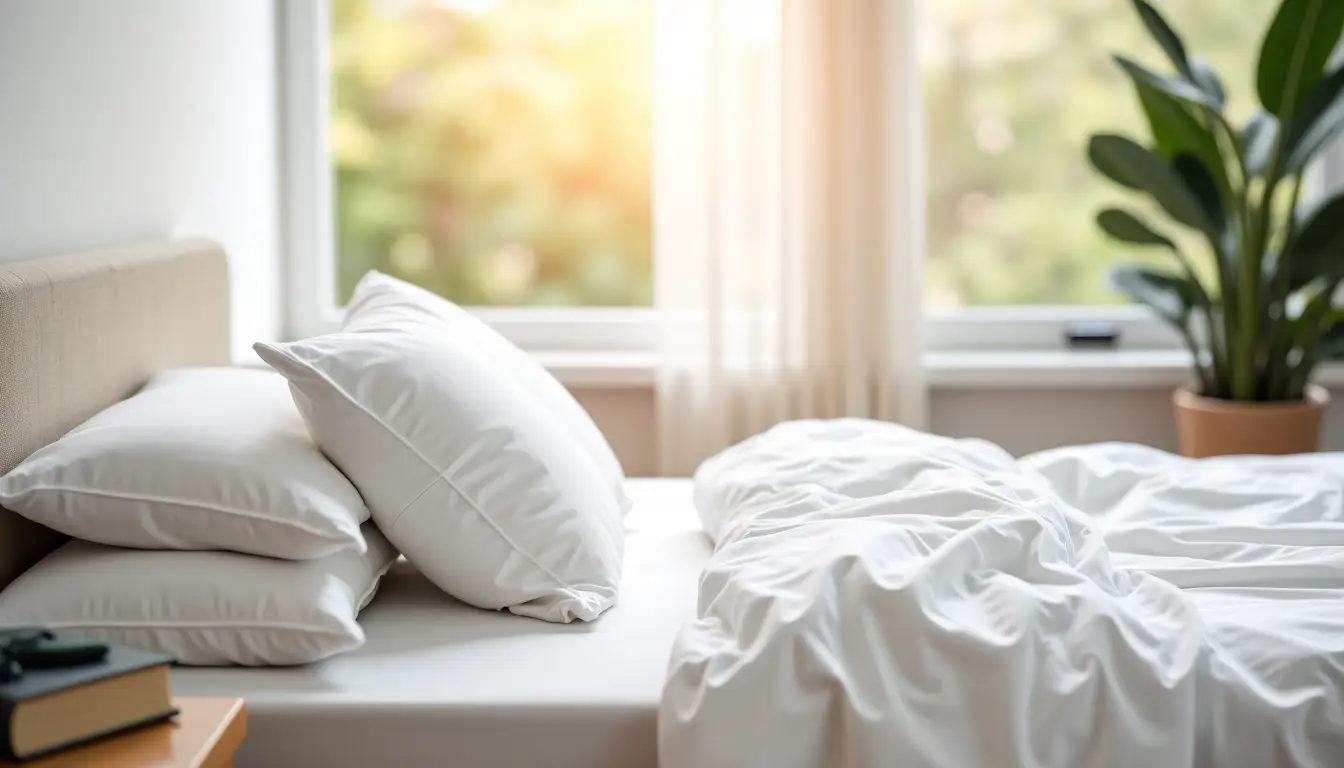 Unmade bed with white pillows and sunlight streaming through window in cozy bedroom