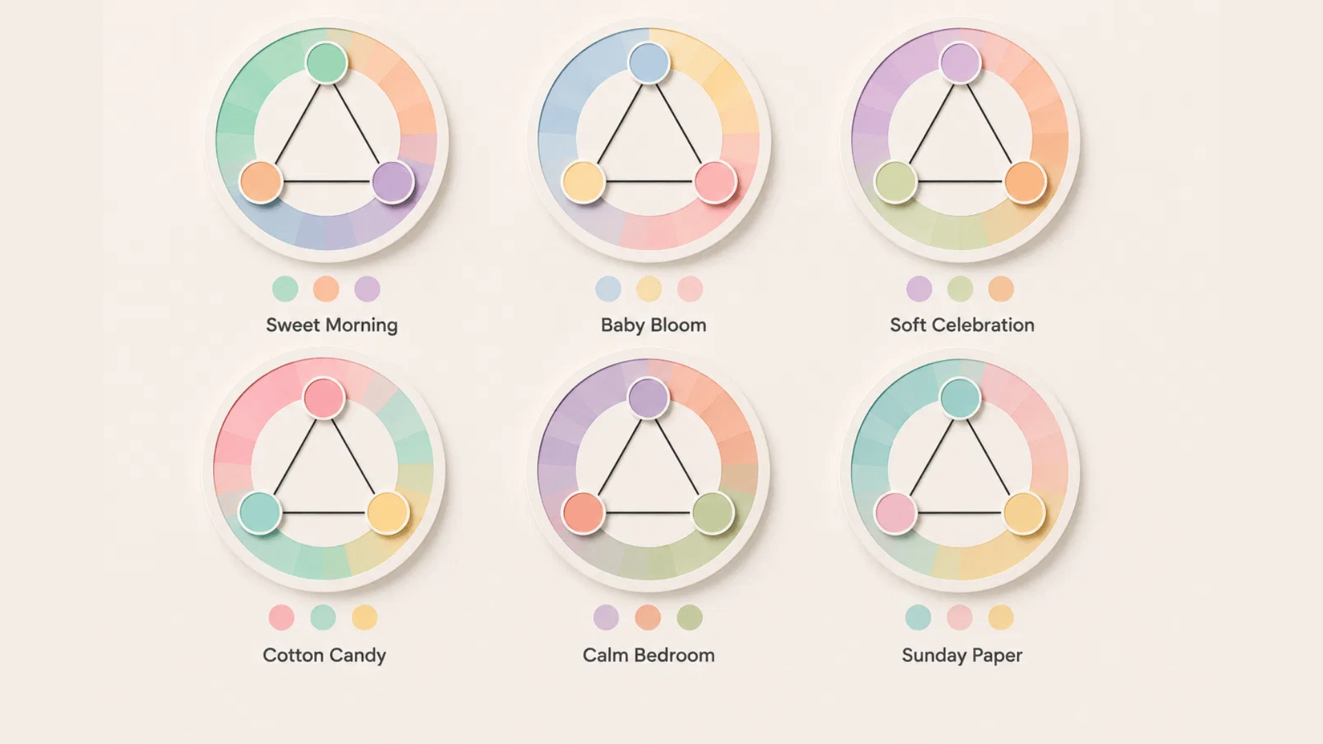 pastel triadic color schemes soften three hues into a light friendly palette for gentle branding