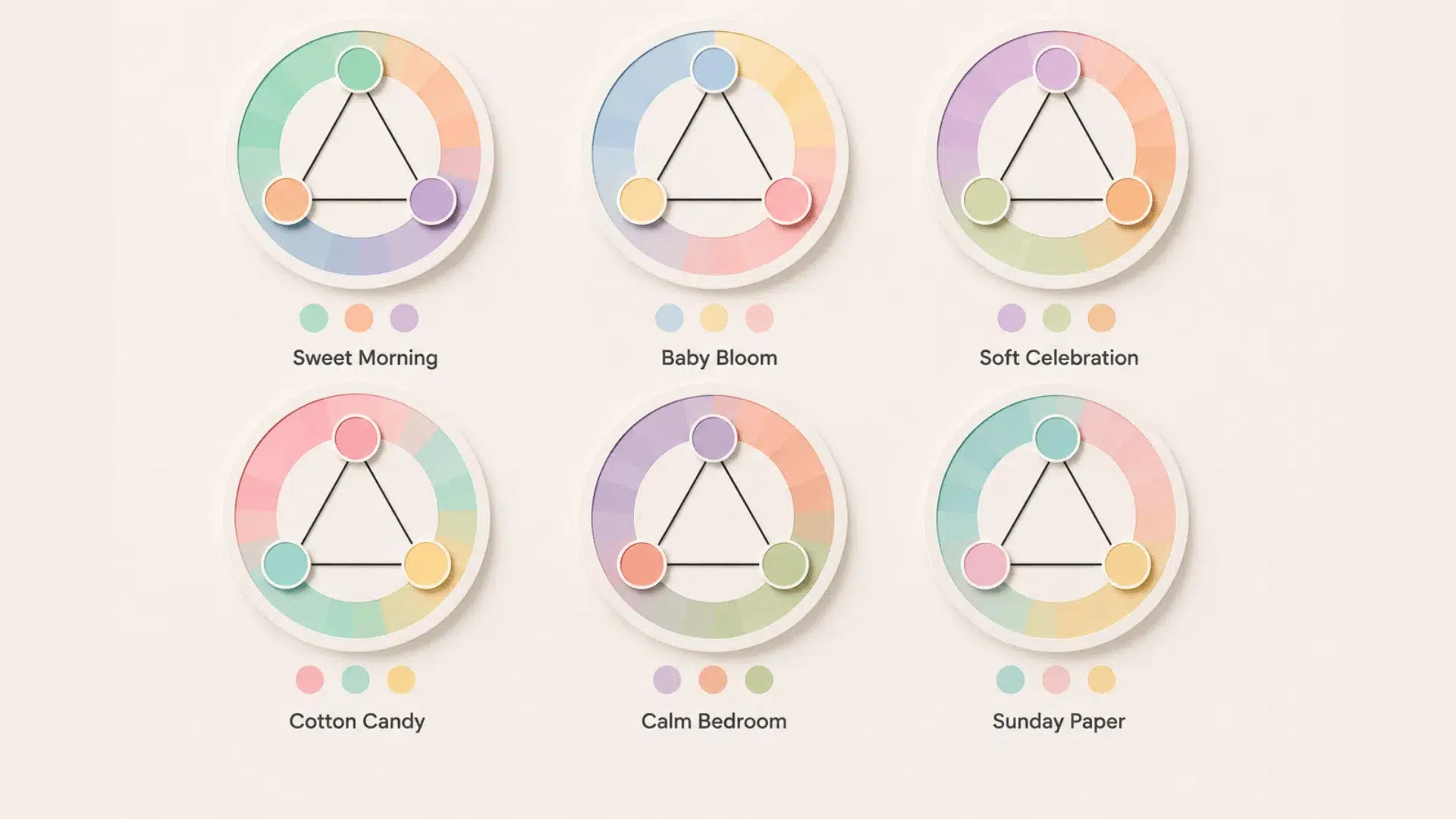 pastel triadic color schemes soften three hues into a light friendly palette for gentle branding