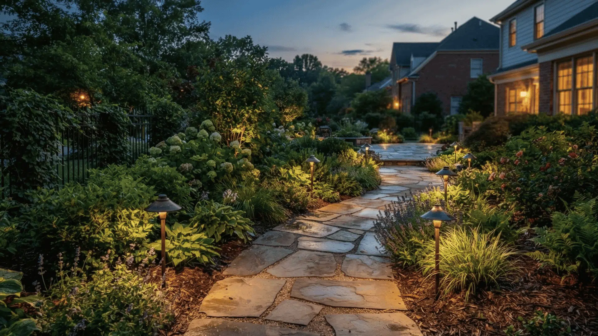 path lights casting gentle downward beams along a curved stone garden walkway after sunset