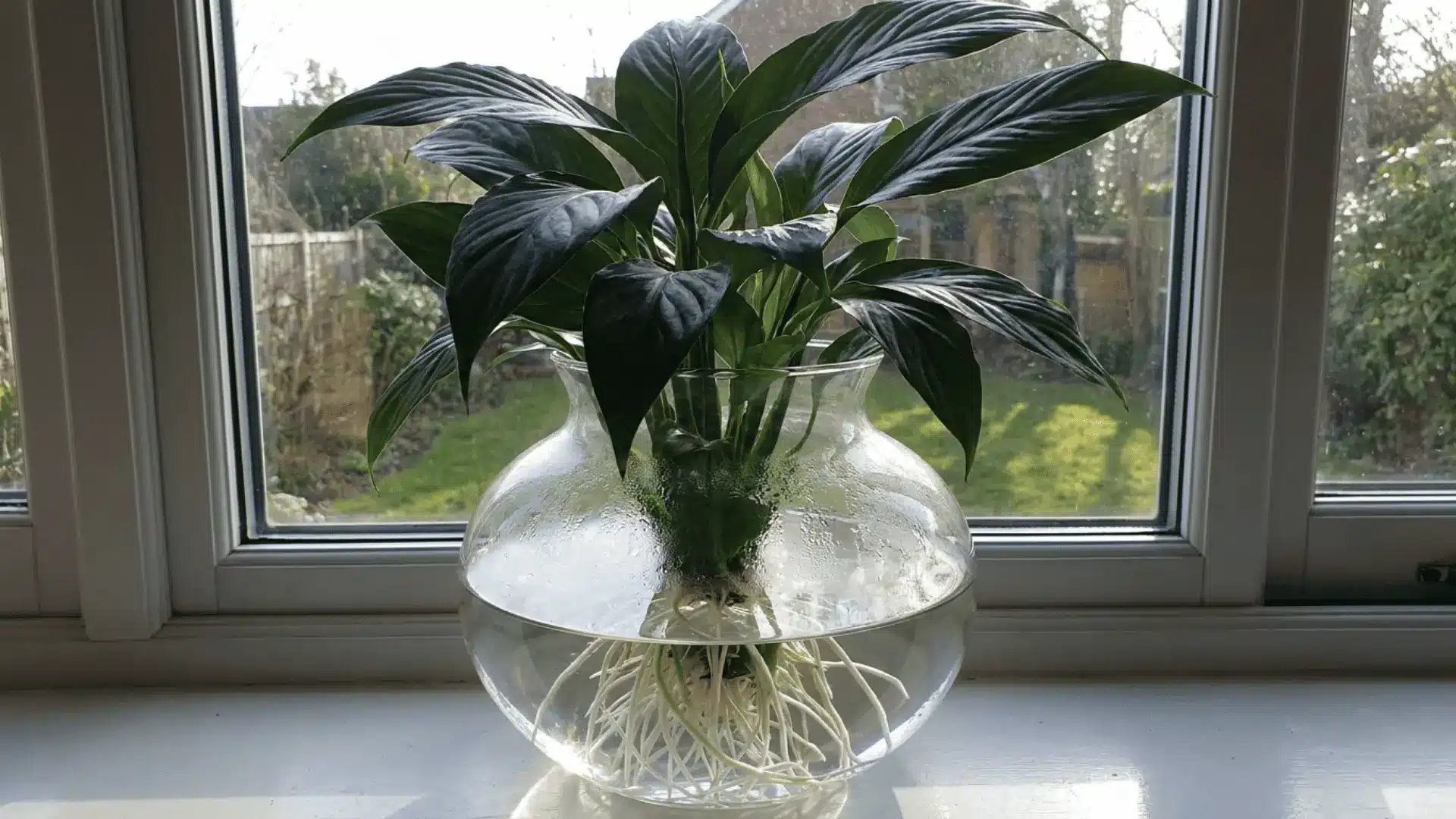 dark green peace lily with long white roots growing in a round glass bowl of water on a sunny windowsill