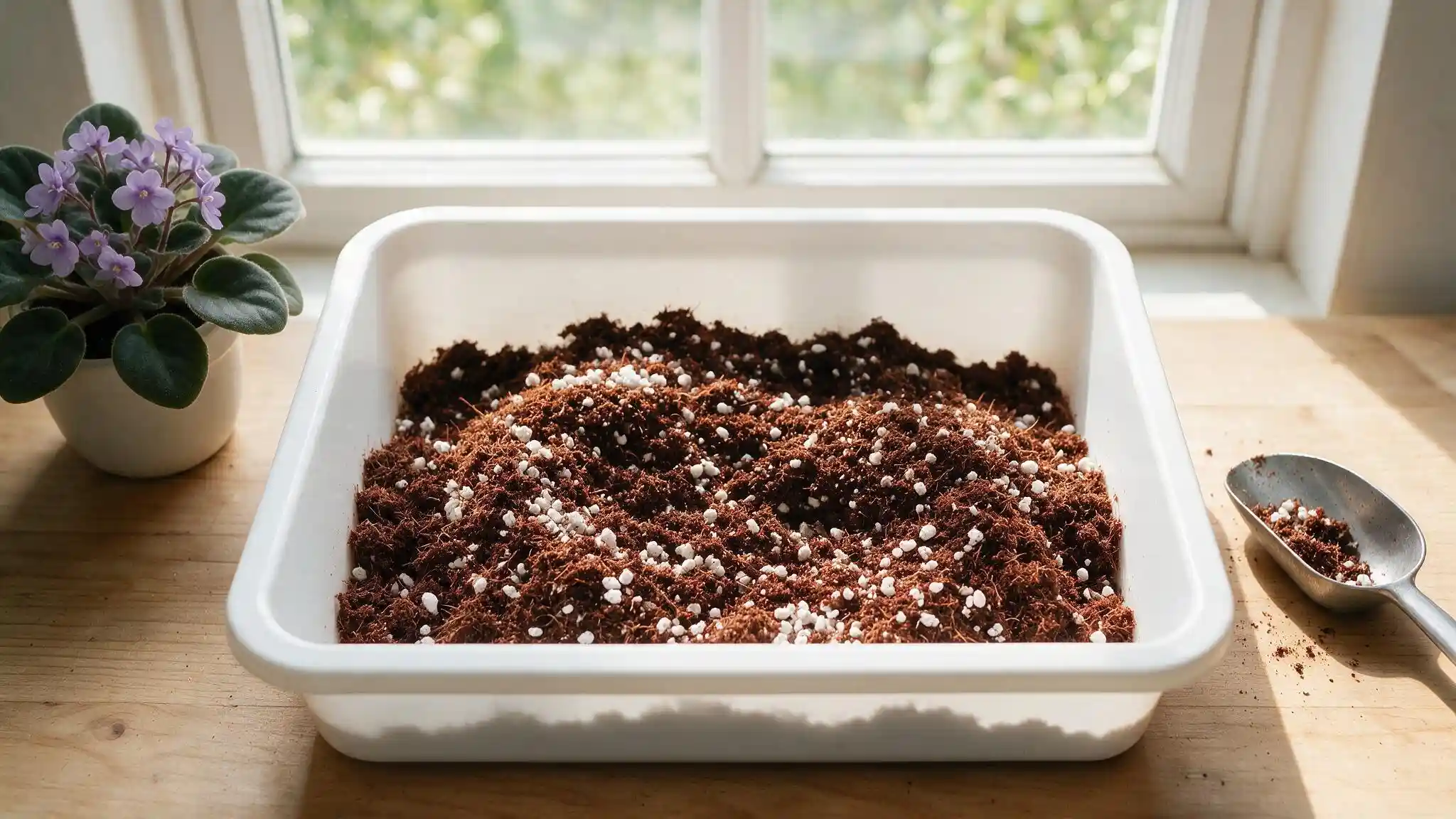 coconut coir and perlite being blended into a peat free african violet potting mix