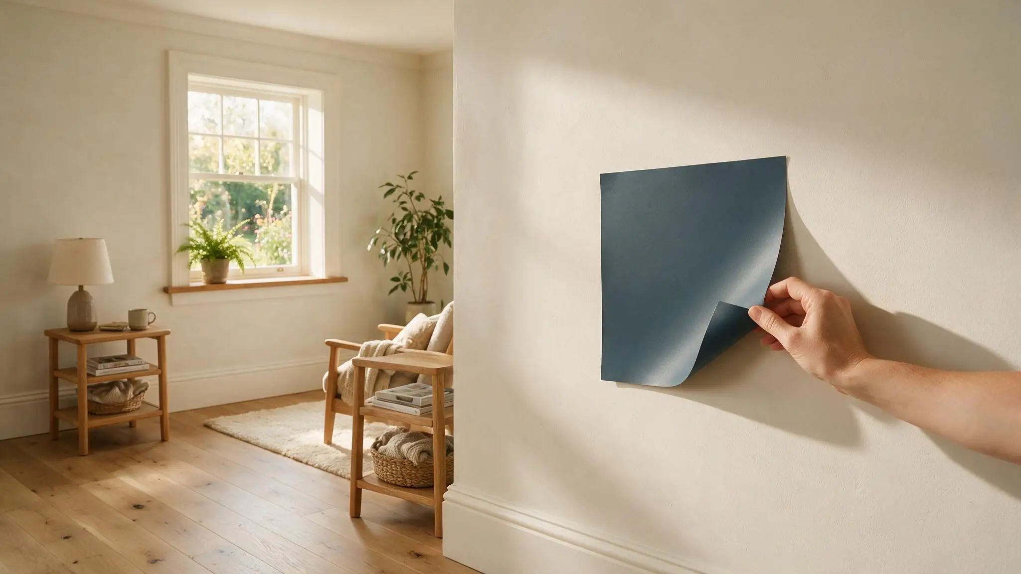blue gray peel and stick paint sample moved between light walls to compare the shade in natural daylight