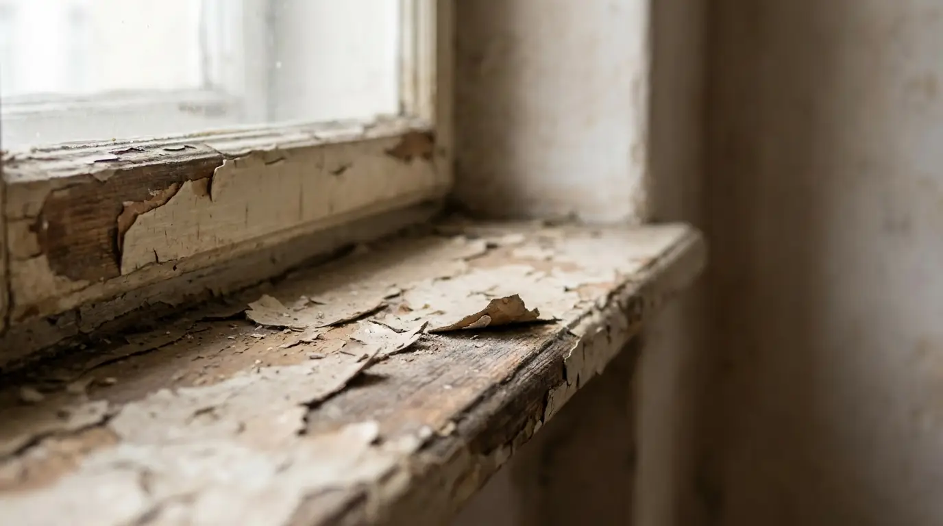 Peeling paint on an old wooden windowsill with natural light coming through window