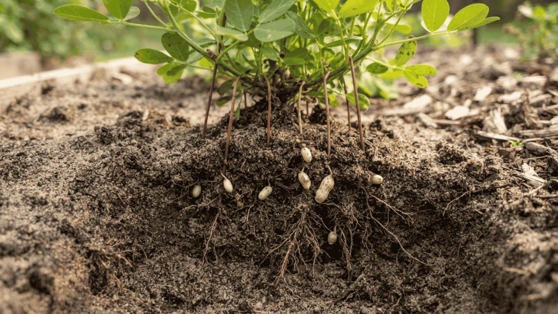 peanut pegs entering loose soil with young peanut pods beginning to develop below the surface