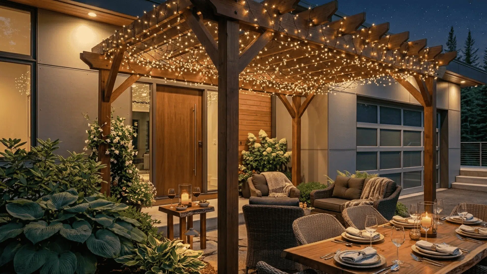 dimmable pergola lights glowing above a relaxed outdoor dining and seating area after dark