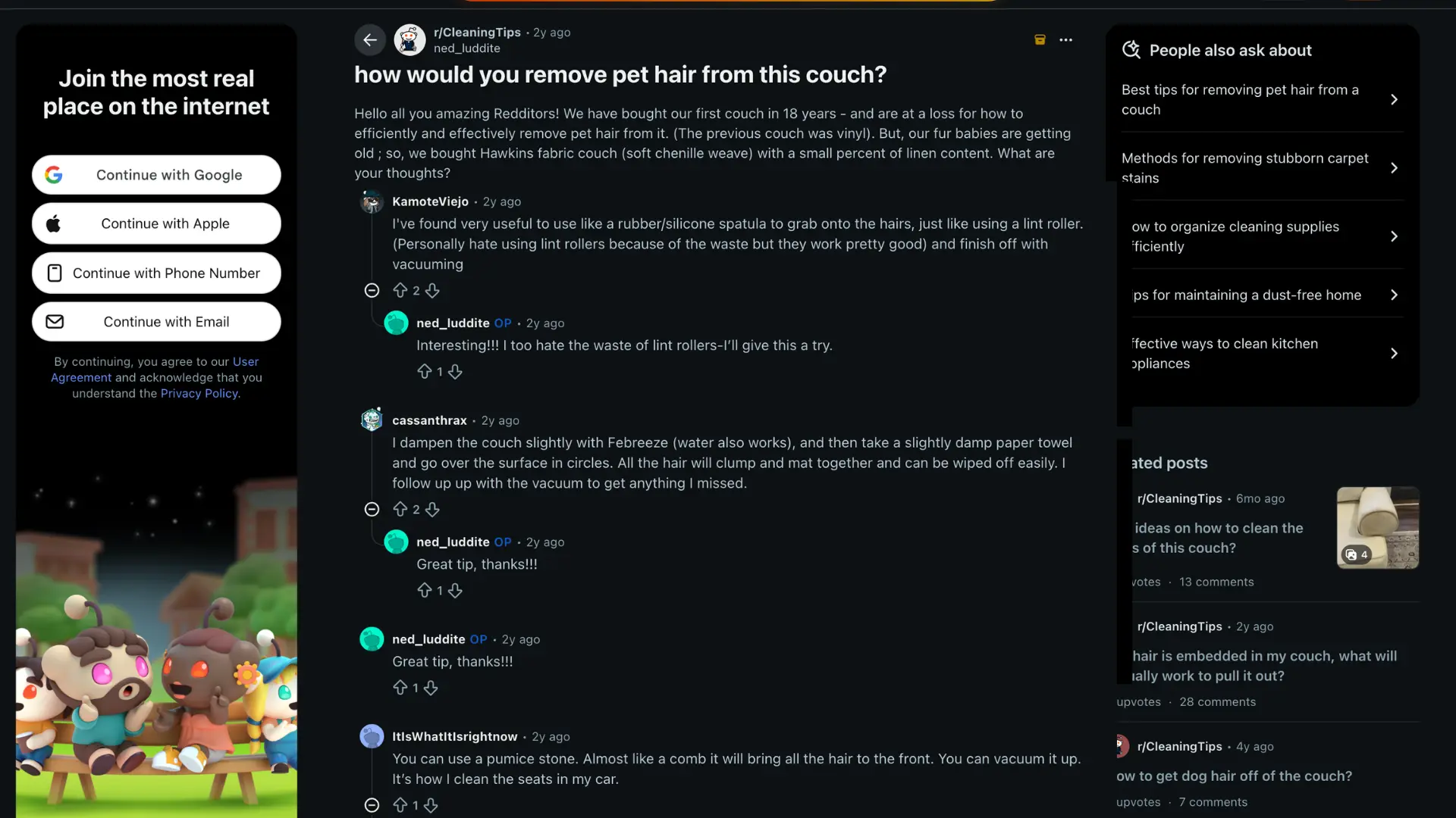 reddit discussion about removing pet hair from a couch with user comments offering cleaning methods and practical tips