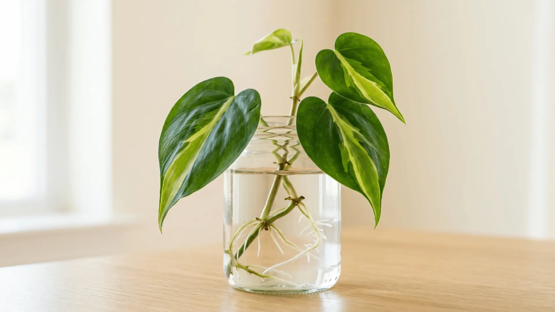variegated philodendron cuttings with white roots growing in a clear glass jar of water on a wooden table