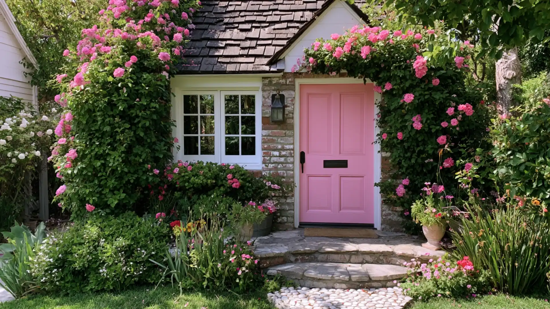 soft pink front door on small storybook style cottage with pastel color palette