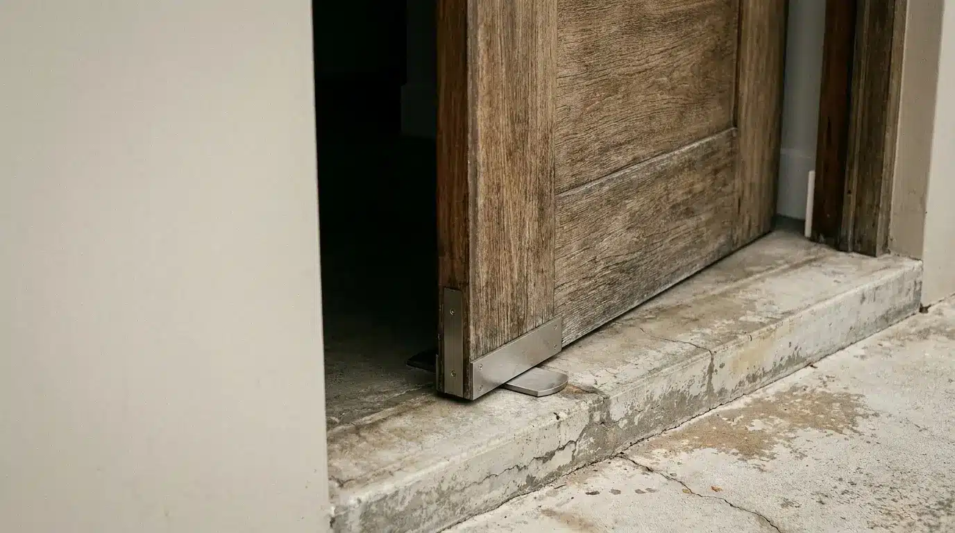 Wooden door secured open with metal kickstand on concrete floor in dim lighting
