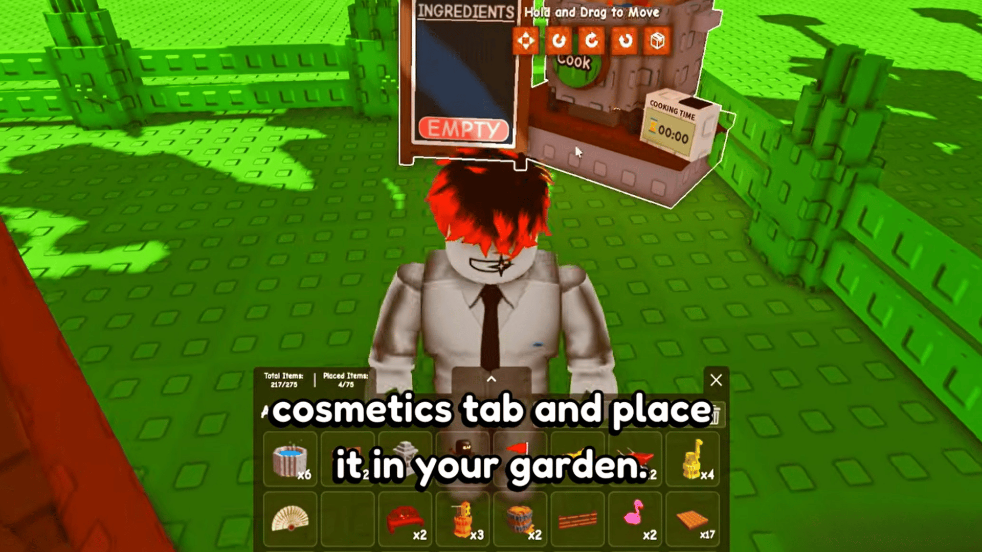 roblox player places a cooking kit from cosmetics inside a fenced grow a garden plot area