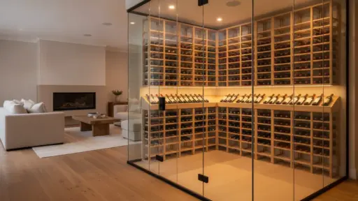 Glass-enclosed wine cellar with wooden racks in modern living room with fireplace and beige sofa