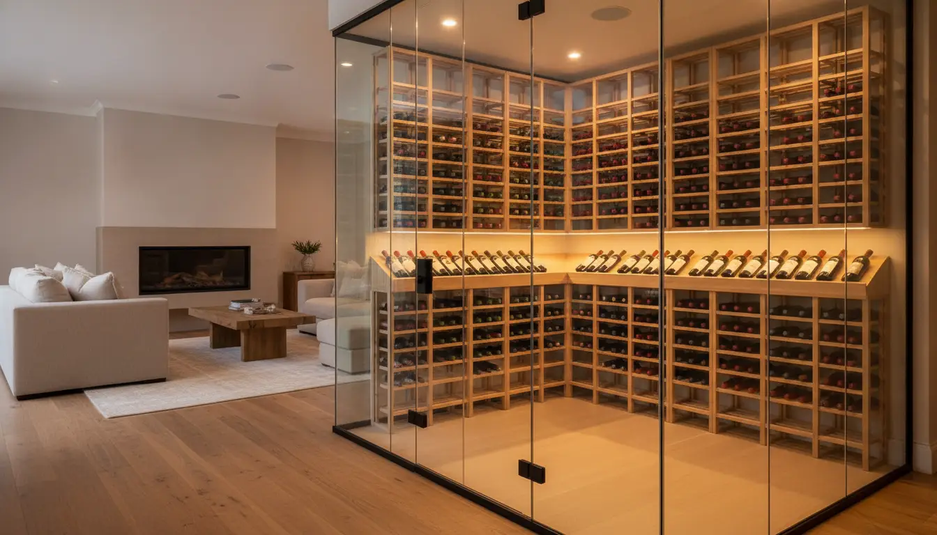 Glass-enclosed wine cellar with wooden racks in modern living room with fireplace and beige sofa