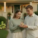 Couple holding small wooden house model in front of suburban home with garden
