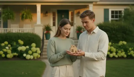 Couple holding small wooden house model in front of suburban home with garden