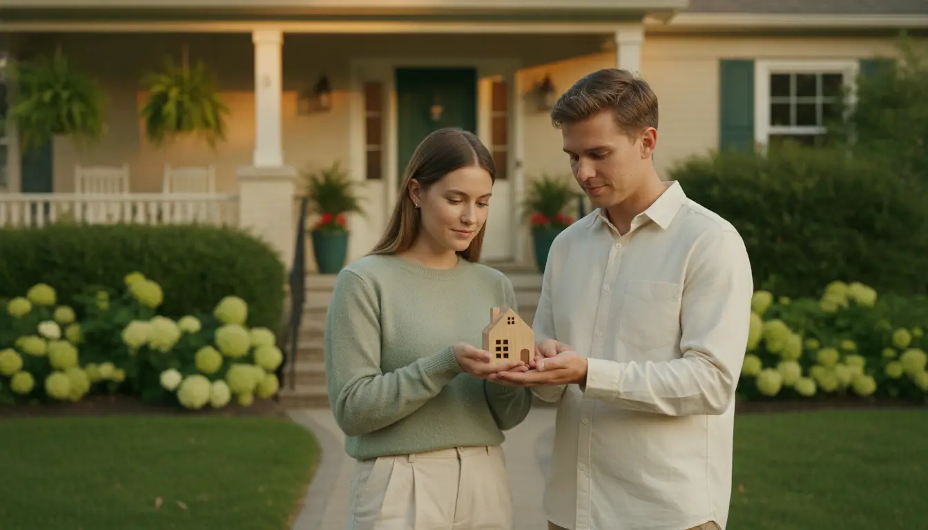 Couple holding small wooden house model in front of suburban home with garden