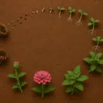 life cycle arranged from seeds and sprouts to leafy growth pink bloom and dry seed head