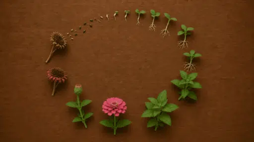 life cycle arranged from seeds and sprouts to leafy growth pink bloom and dry seed head