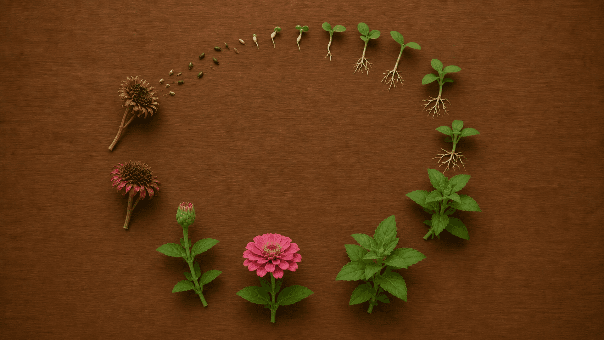life cycle arranged from seeds and sprouts to leafy growth pink bloom and dry seed head