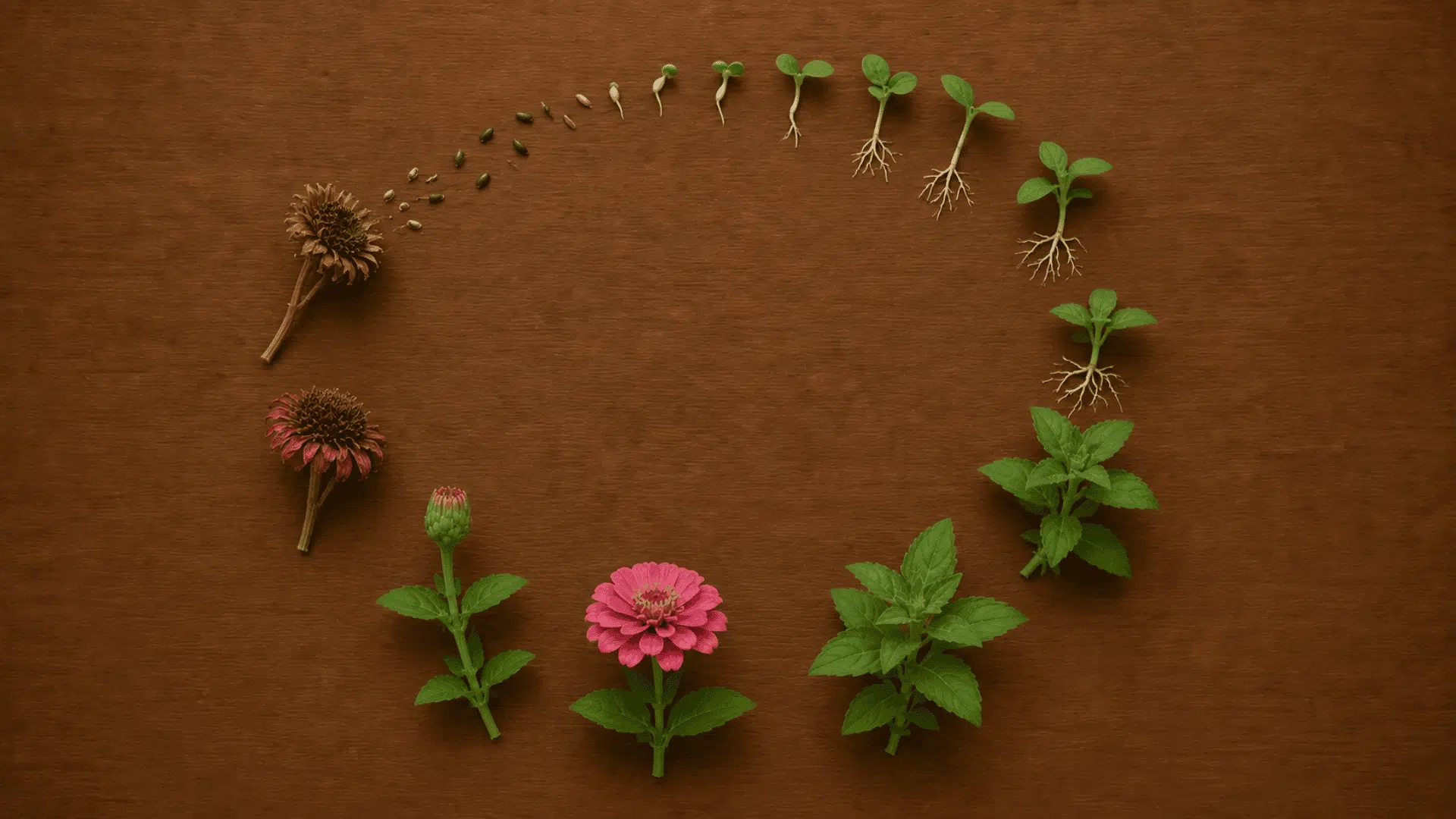 life cycle arranged from seeds and sprouts to leafy growth pink bloom and dry seed head