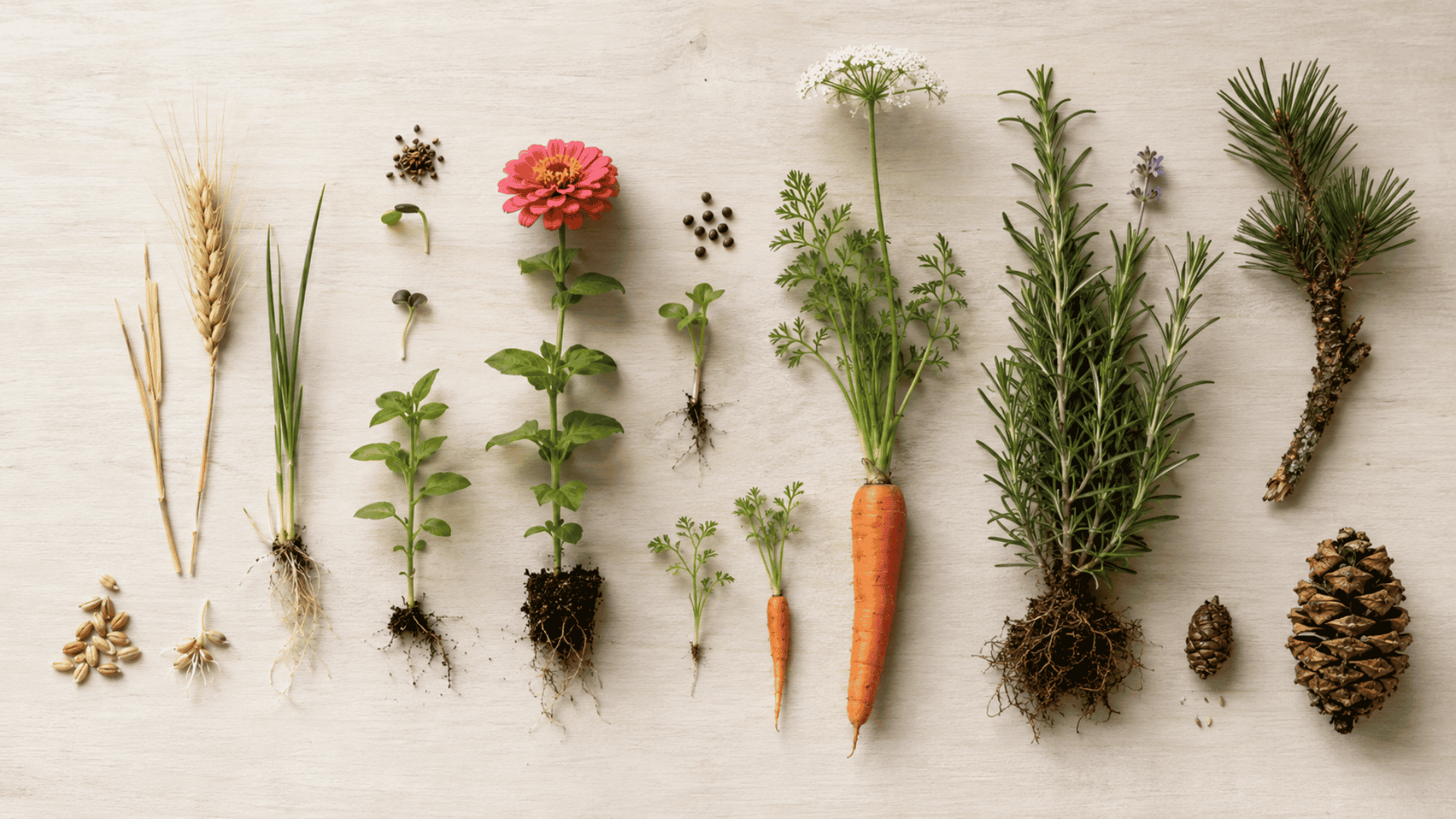 wheat zinnia carrot rosemary and pine arranged to show plant life cycles of different lengths