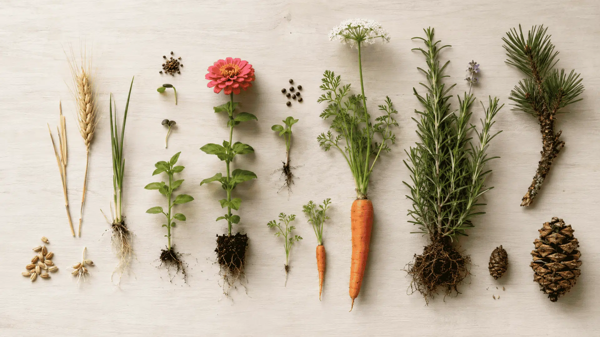 wheat zinnia carrot rosemary and pine arranged to show plant life cycles of different lengths