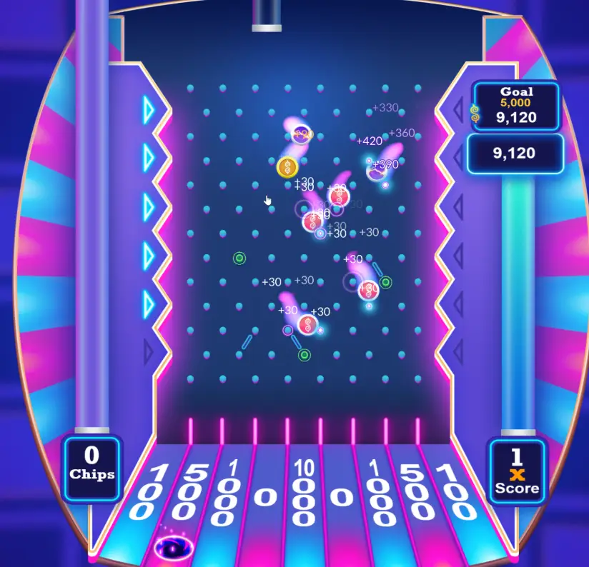 Colorful arcade-style game interface with scoring pegs, neon lights, and points display panel